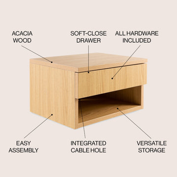 Ettore 15.71" Mid-Century Modern Floating Wall Mounted Nightstand with Soft-Close Drawer and Cable Hole - JONATHAN Y